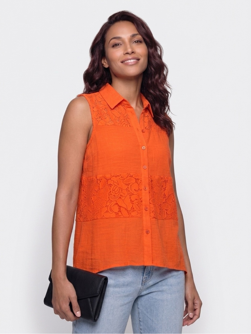 AGB Sleeveless Button-Front Lace Panel Top — Bright Orange